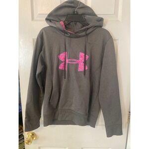 Under Armour ColdGear Hoodie Womens Medium Gray Pink  Logo Pullover Sweatshirt